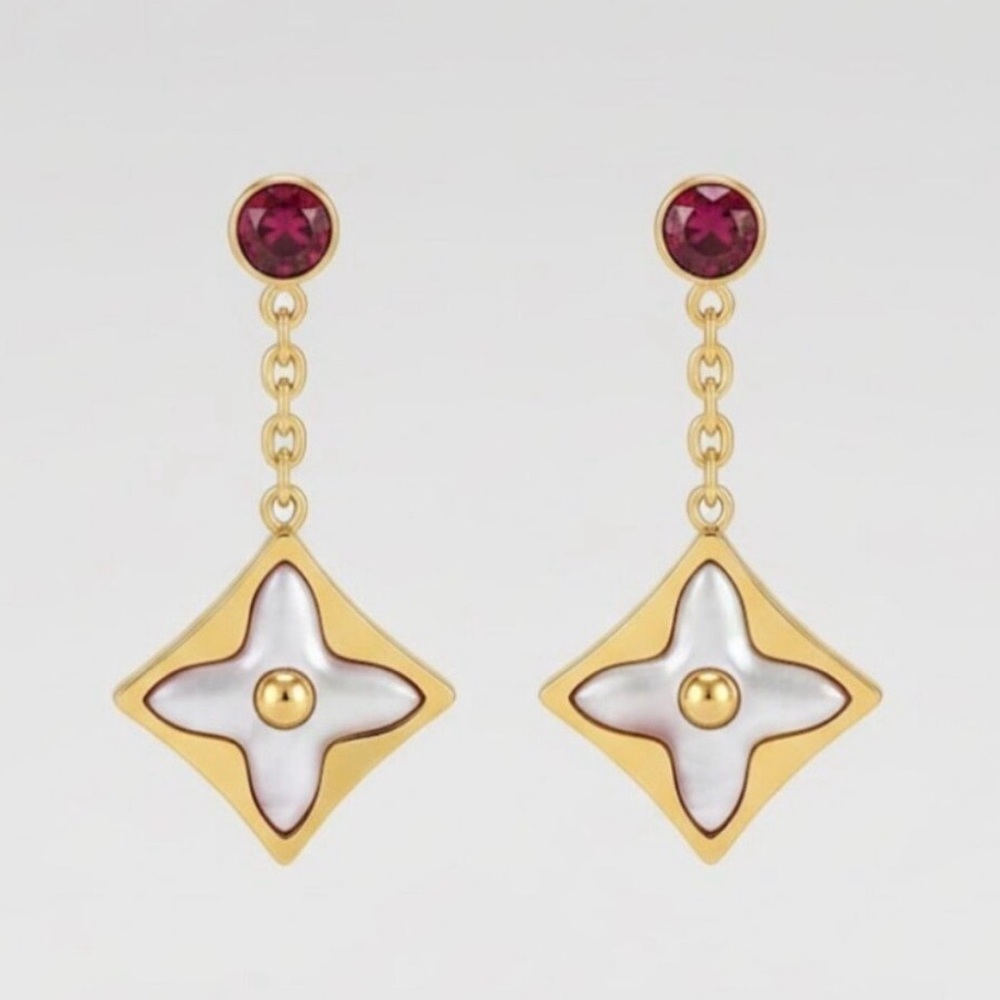 Louis Vuitton Gold and Red stone/Floral Drop Earrings